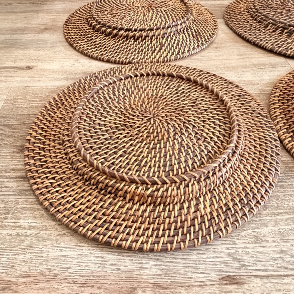 Set of 4 Round Woven Rattan Charger Plates 13" Brown Boho Table Mats MCM - Picture 14 of 15